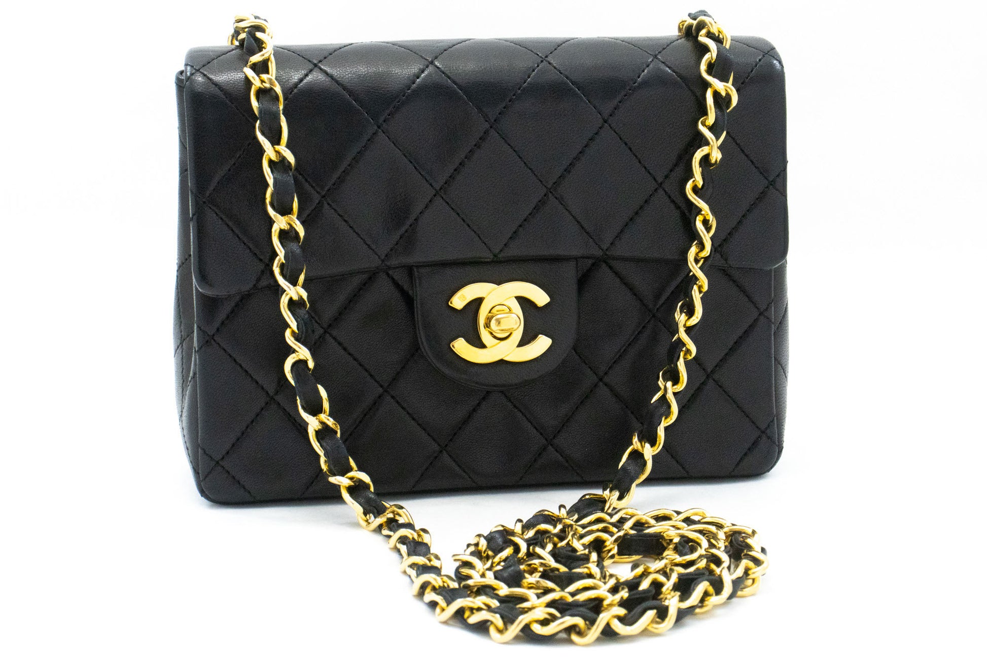 CHANEL Mini Square Small Chain Shoulder Bag Crossbody Black Lamb ag7 hannari-shop