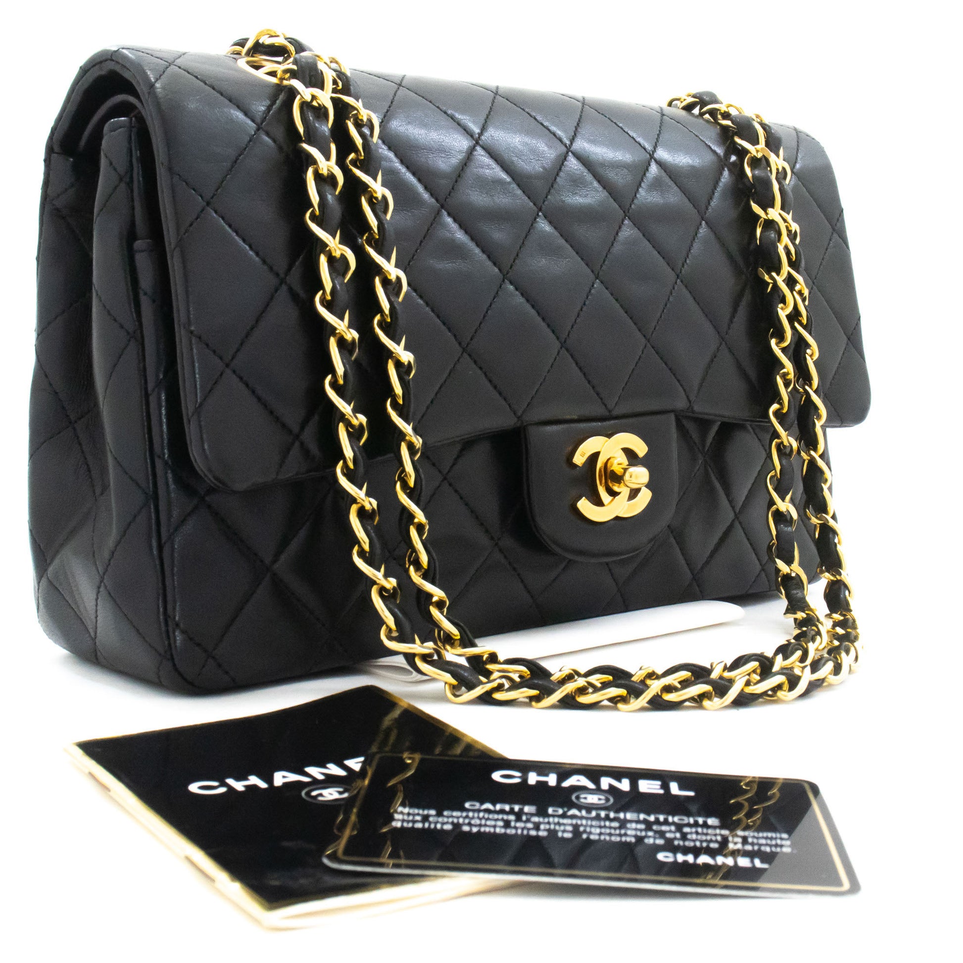 Sac à bandoulière CHANEL Classic Double Flap 10" en agneau noir avec chaîne ah7 hannari-shop
