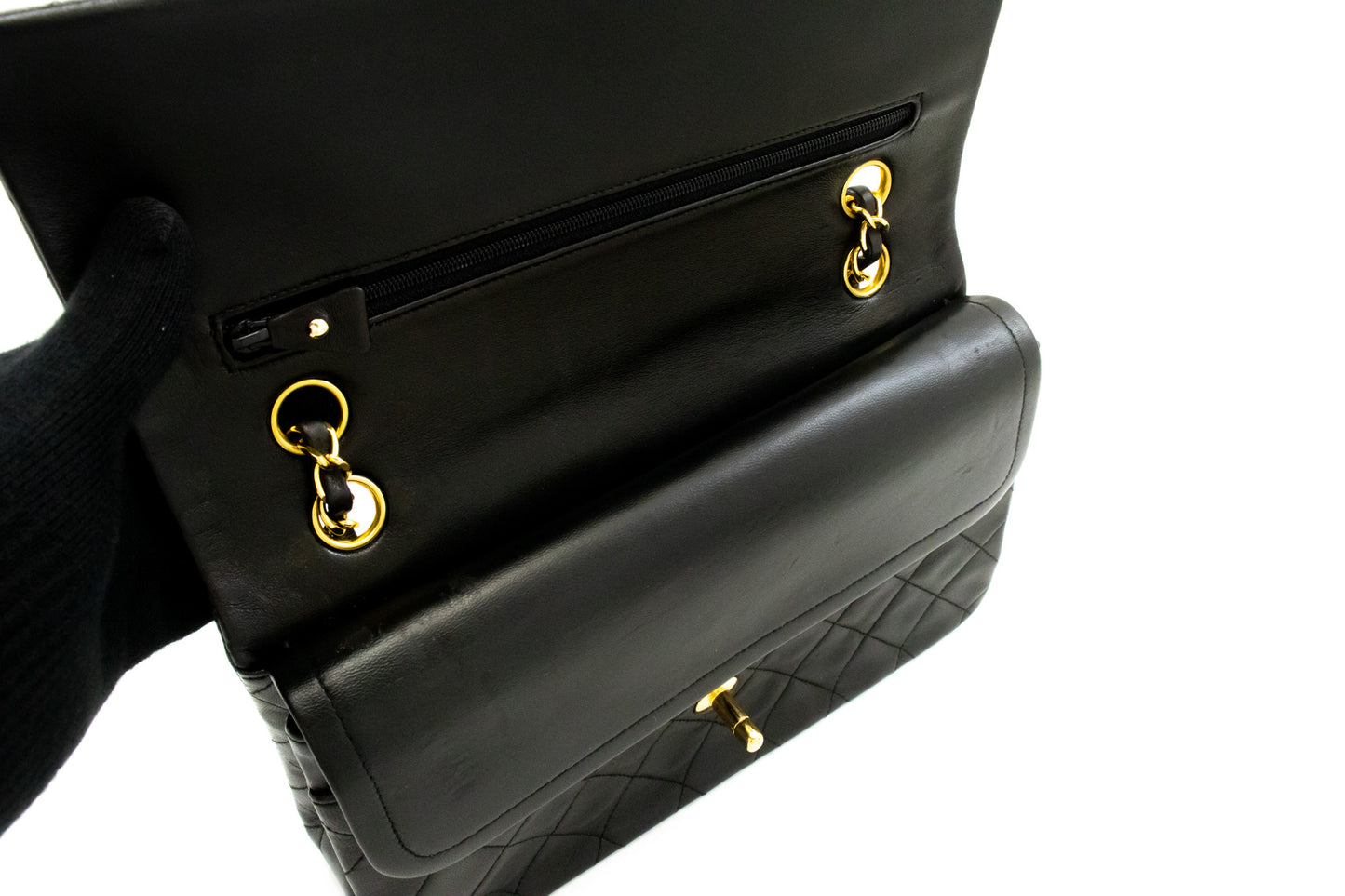 Sac à bandoulière CHANEL Classic Double Flap 10" à chaîne en agneau noir am1 hannari-shop