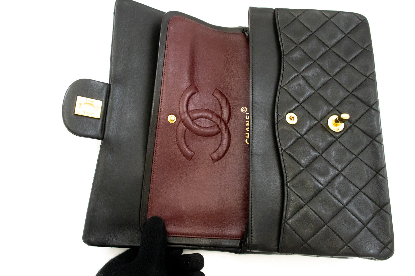 Sac à bandoulière CHANEL Classic Double Flap 10" à chaîne en agneau noir am1 hannari-shop
