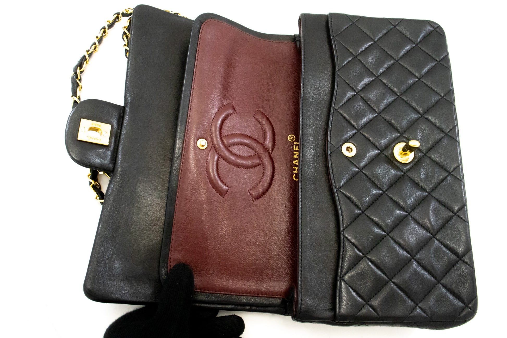 Sac à bandoulière CHANEL Classic Double Flap 10" avec chaîne, cuir d'agneau noir am3 hannari-shop