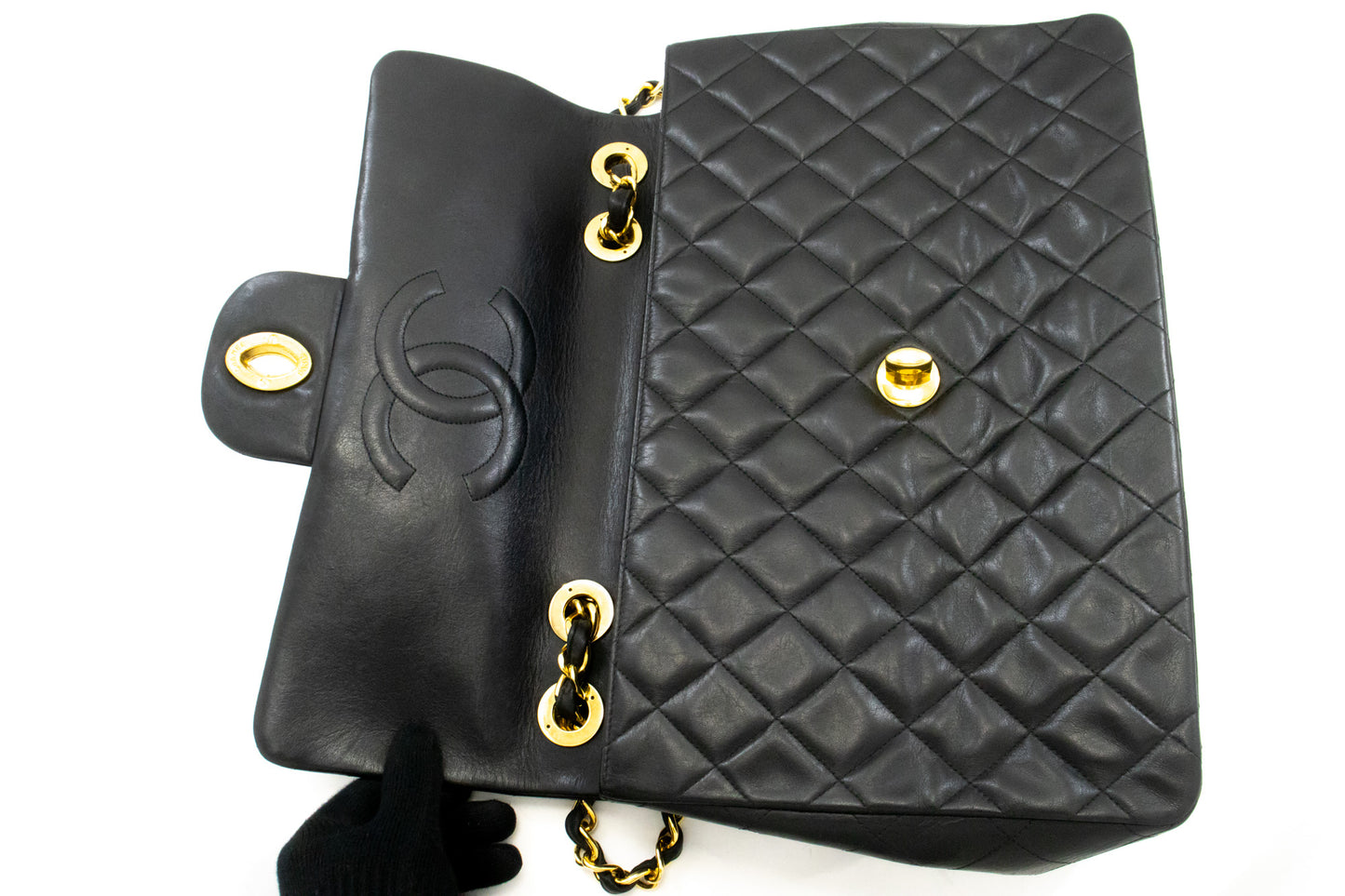 CHANEL Classic Large 13" Flap Chain Shoulder Bag Zwart lamsleer am4 hannari-shop