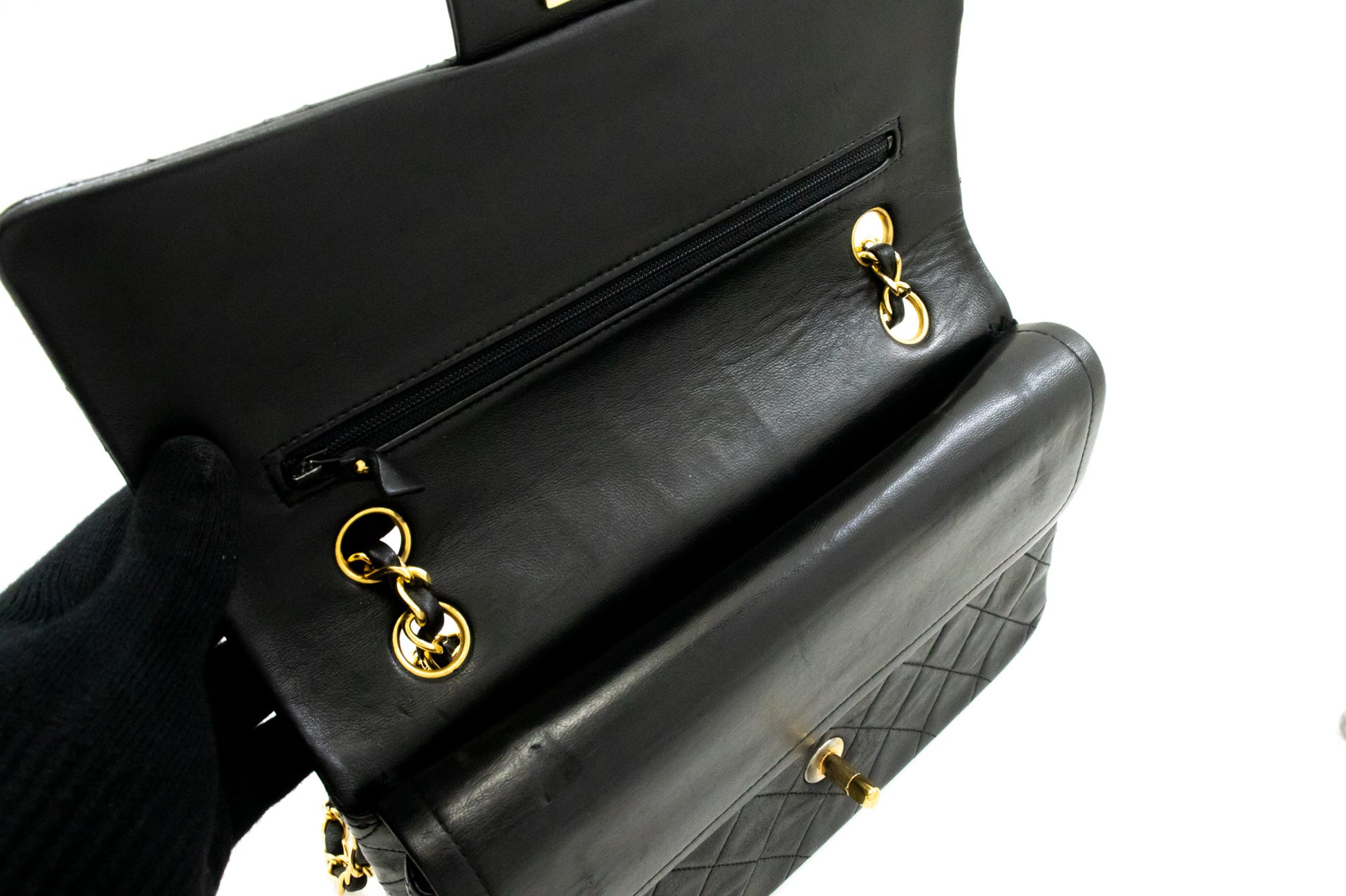 CHANEL Classic Double Flap 10" ketting schoudertas zwart lamsleer ak8 hannari-shop