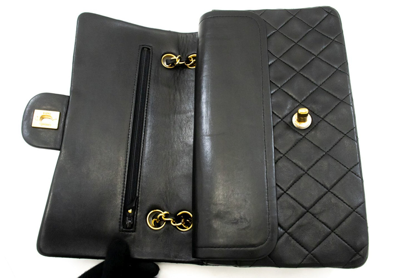 CHANEL Classic Double Flap 10" ketting schoudertas zwart lamsleer ak8 hannari-shop