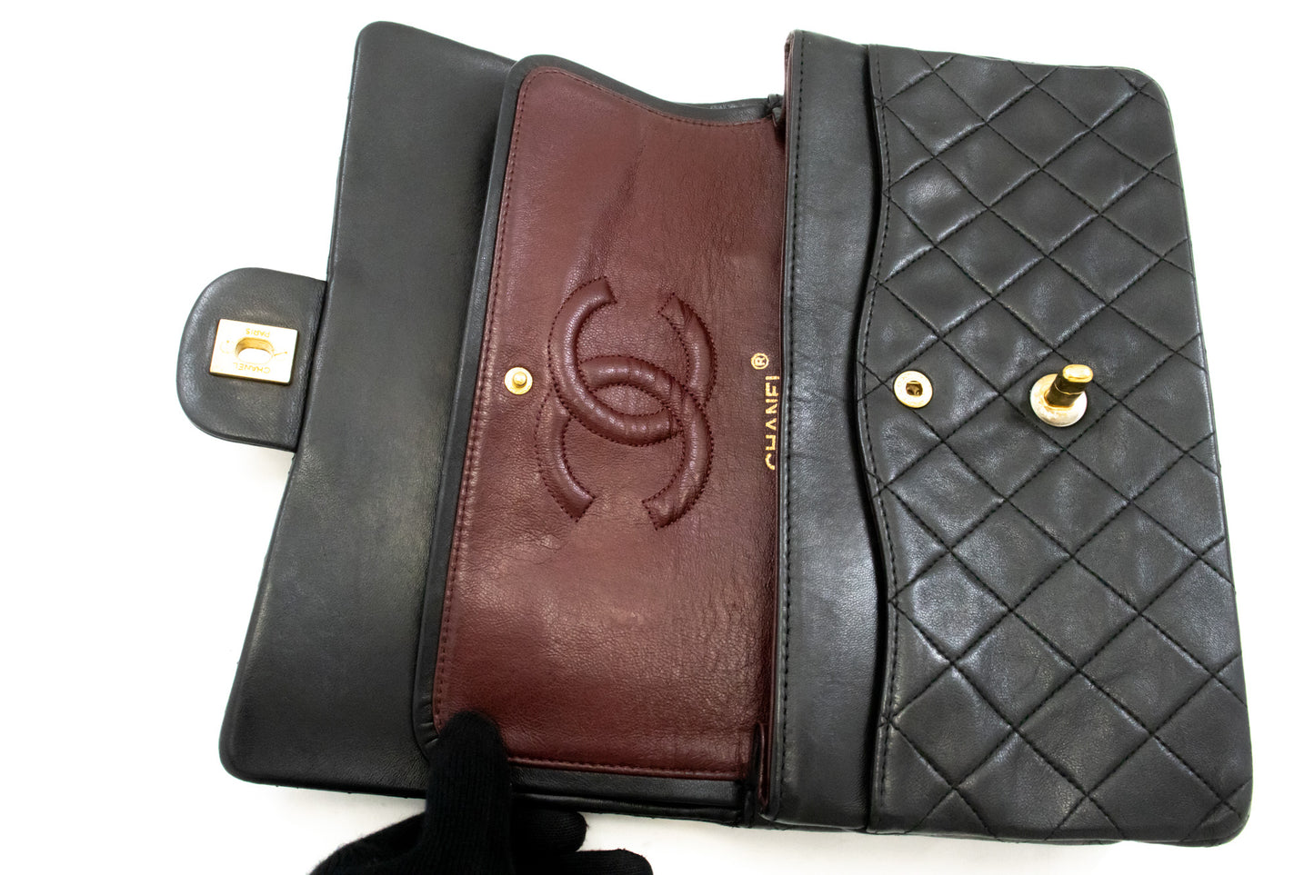 CHANEL Classic Double Flap 10" ketting schoudertas zwart lamsleer ak8 hannari-shop