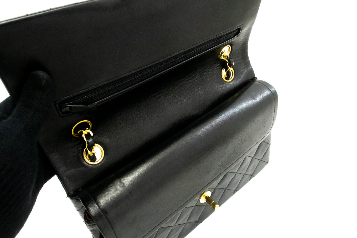 CHANEL Classic Double Flap 10" kæde skuldertaske i sort lammeskind ak9 hannari-shop