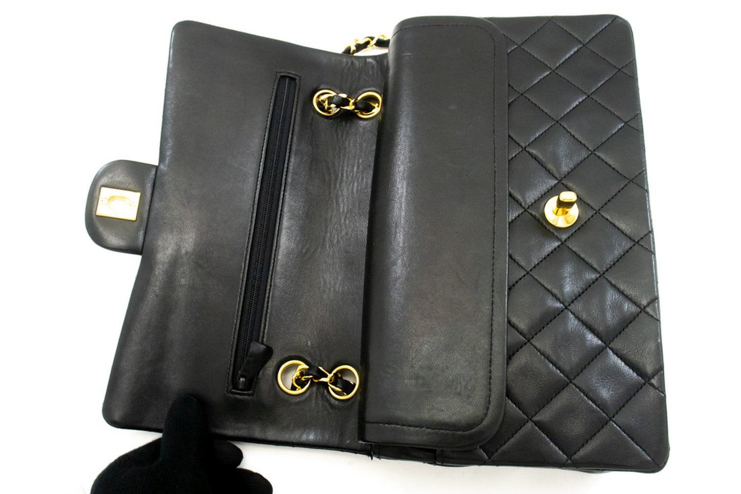 CHANEL Classic Double Flap 10" kæde skuldertaske i sort lammeskind ak9 hannari-shop