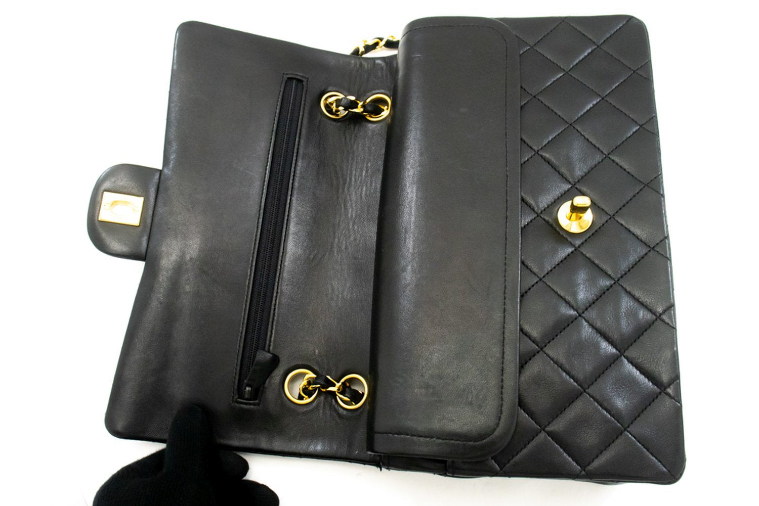 CHANEL Classic Double Flap 10" kæde skuldertaske i sort lammeskind ak9 hannari-shop