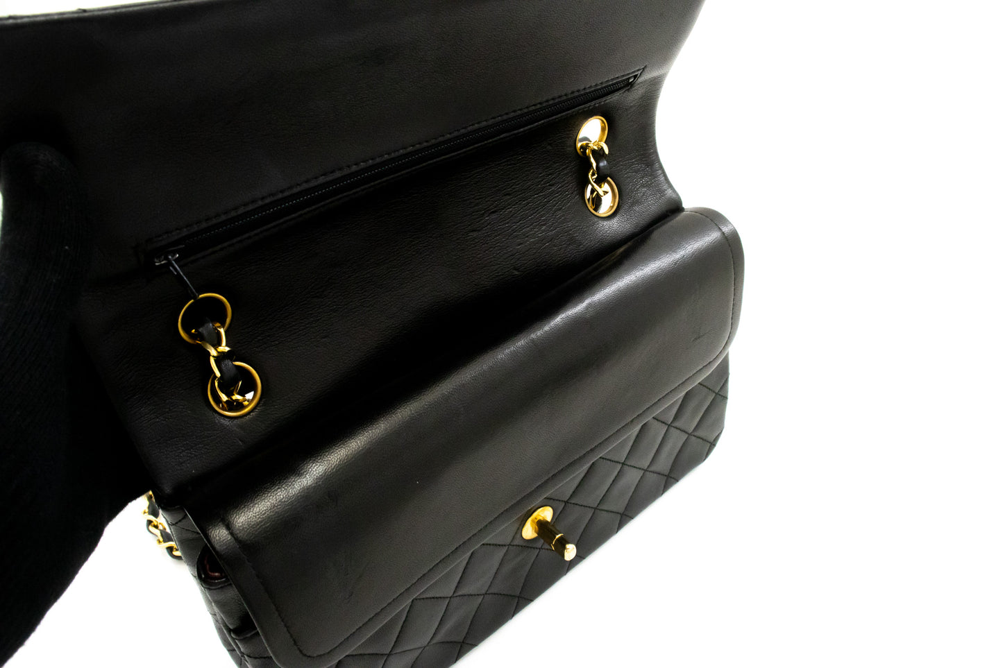 Sac à bandoulière CHANEL Classic Double Flap 10" en chaîne, noir, en agneau, ak7 hannari-shop