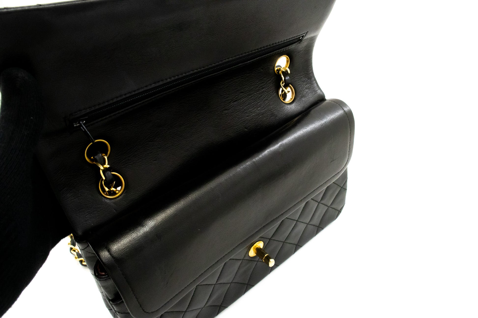 Sac à bandoulière CHANEL Classic Double Flap 10" en chaîne, noir, en agneau, ak7 hannari-shop