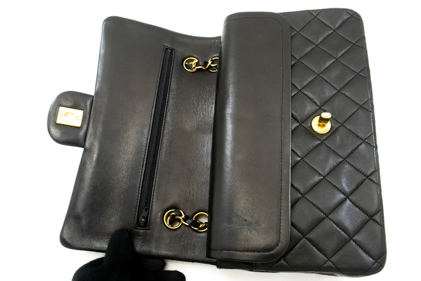 Sac à bandoulière CHANEL Classic Double Flap 10" en chaîne, noir, en agneau, ak7 hannari-shop