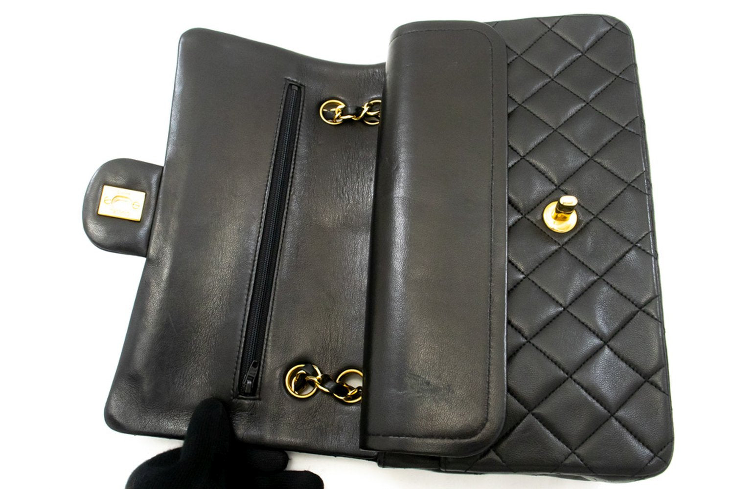 Sac à bandoulière CHANEL Classic Double Flap 10" en chaîne, noir, en agneau, ak7 hannari-shop