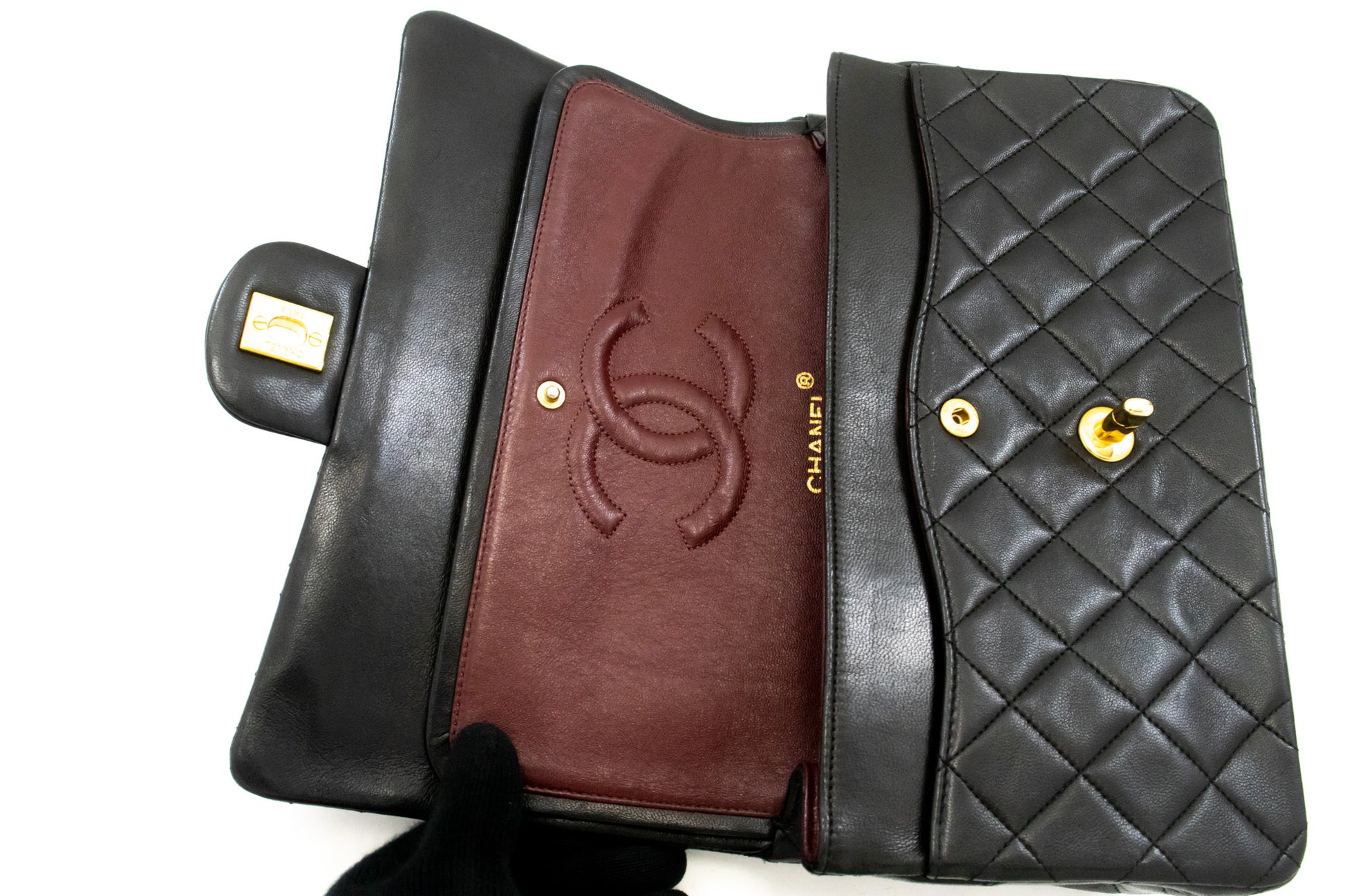Sac à bandoulière CHANEL Classic Double Flap 10" en chaîne, noir, en agneau, ak7 hannari-shop