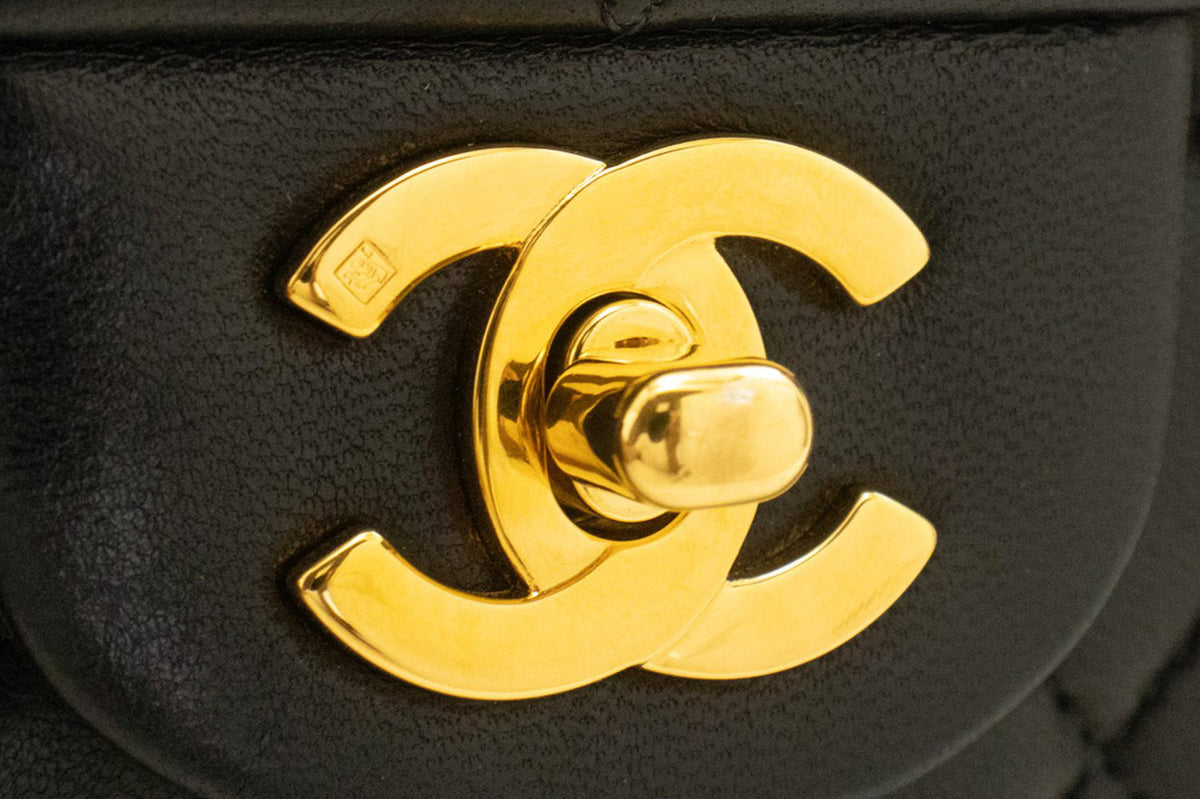 CHANEL Classic Double Flap 10" Chain Shoulder Bag Black Lambskin am9 hannari-shop