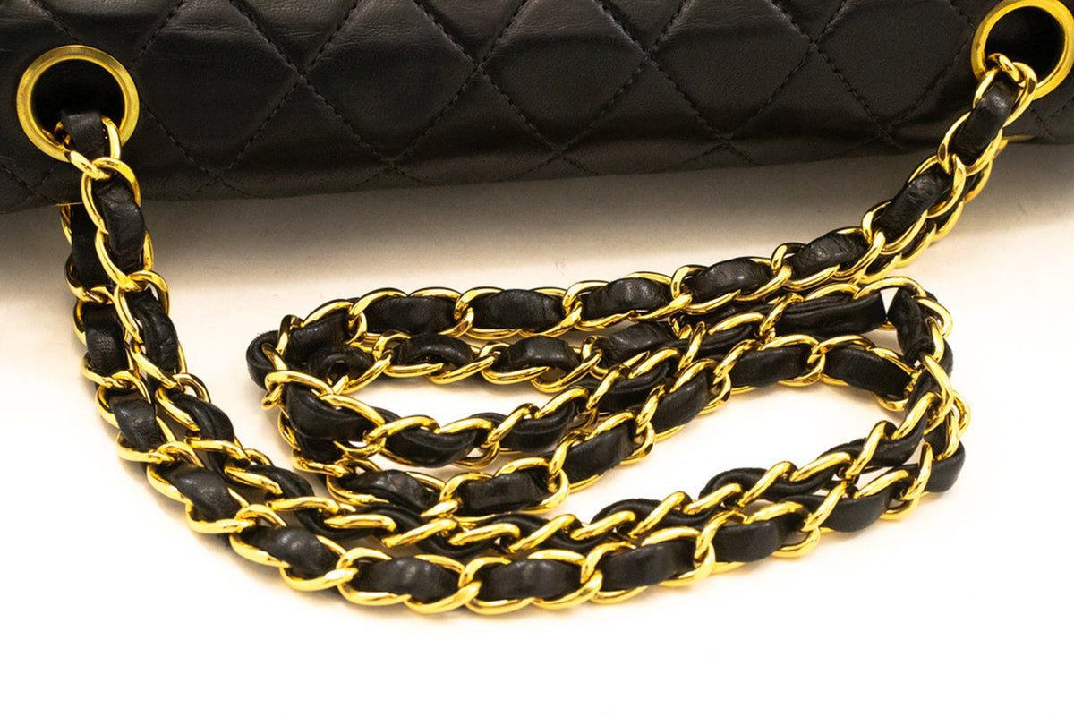 CHANEL Classic Double Flap 10" Chain Shoulder Bag Black Lambskin am9 hannari-shop