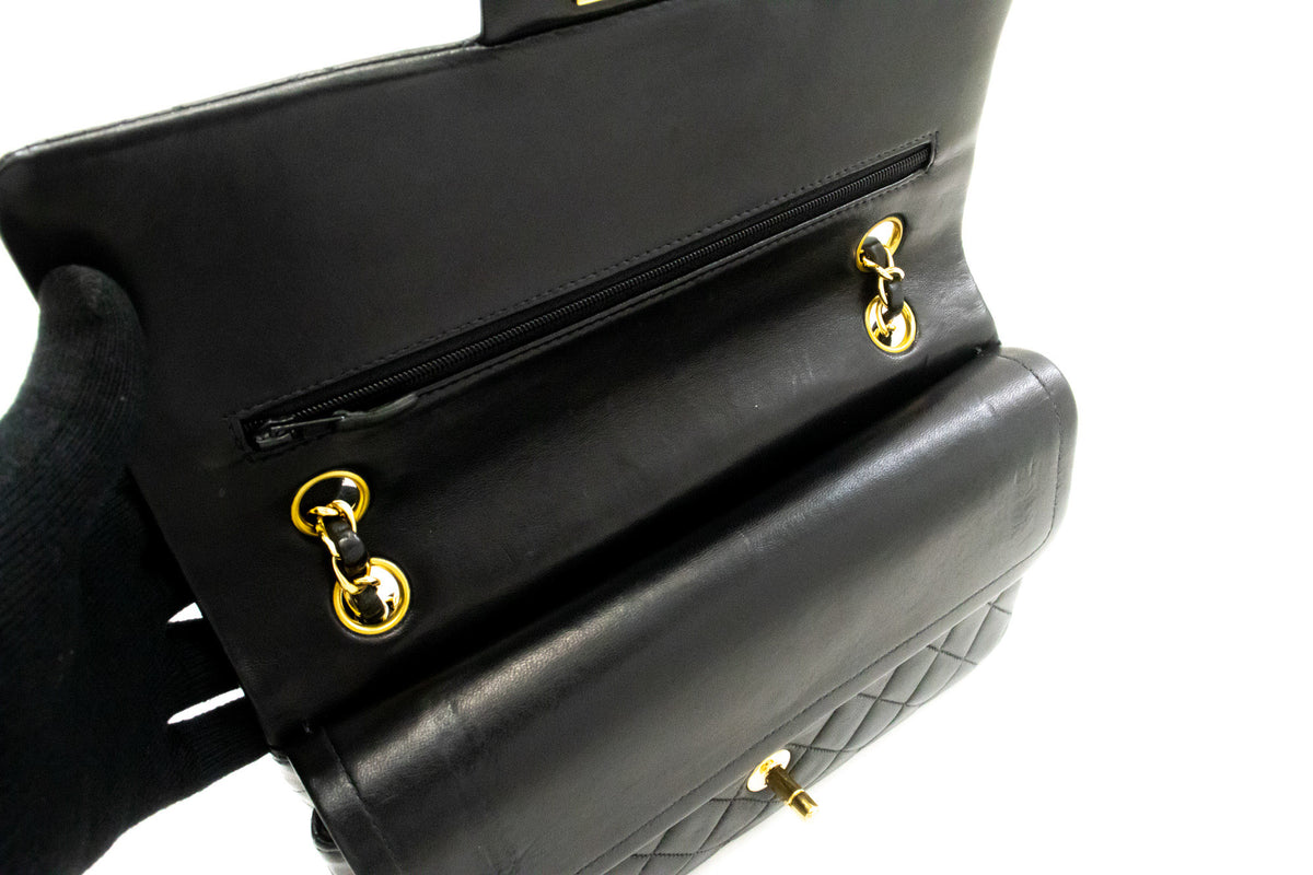 CHANEL Classic Double Flap 10" Chain Shoulder Bag Black Lambskin am9 hannari-shop