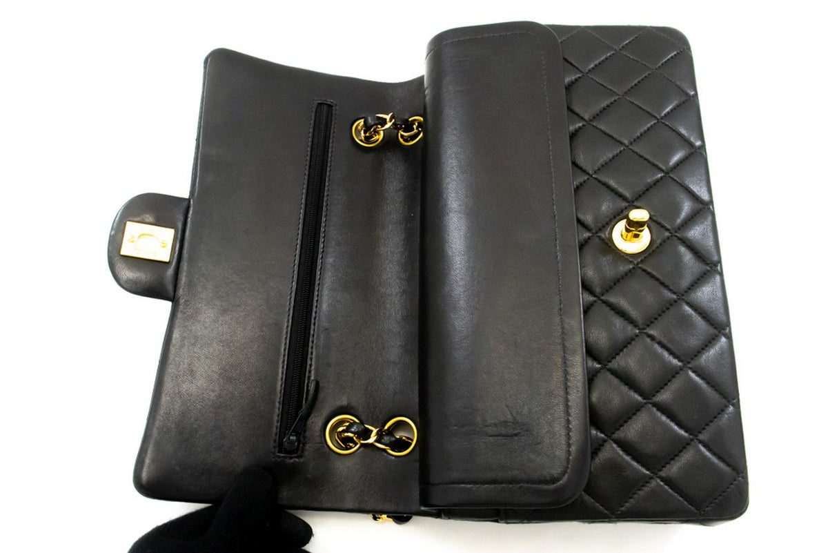 CHANEL Classic Double Flap 10" Chain Shoulder Bag Black Lambskin am9 hannari-shop