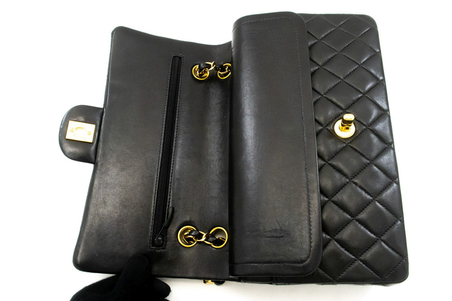 CHANEL Classic Double Flap 10" Chain Shoulder Bag Black Lambskin am9 hannari-shop