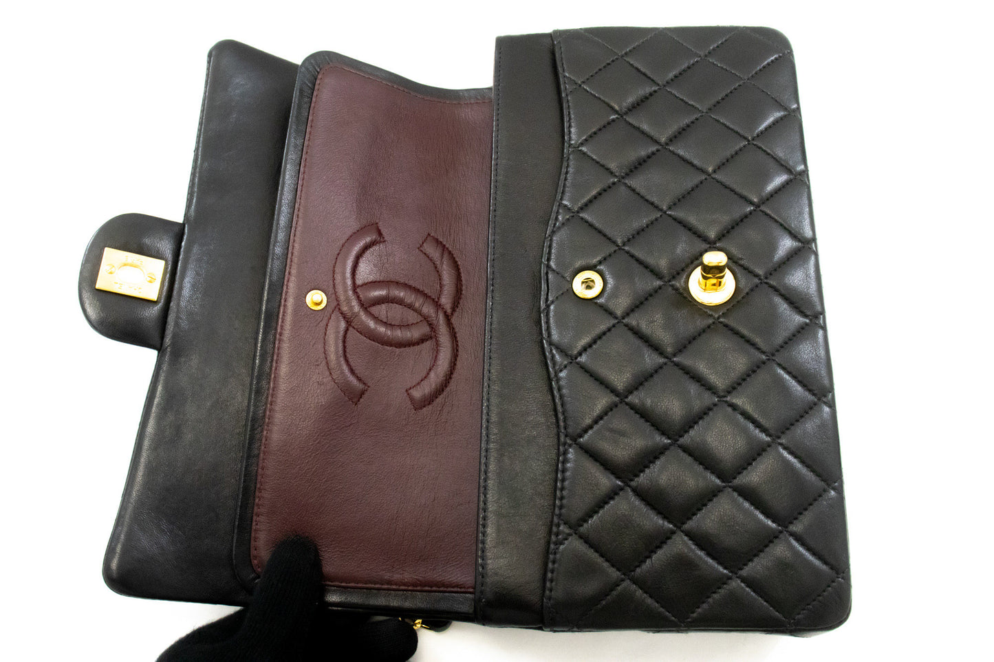 CHANEL Classic Double Flap 10" Chain Shoulder Bag Black Lambskin am9 hannari-shop