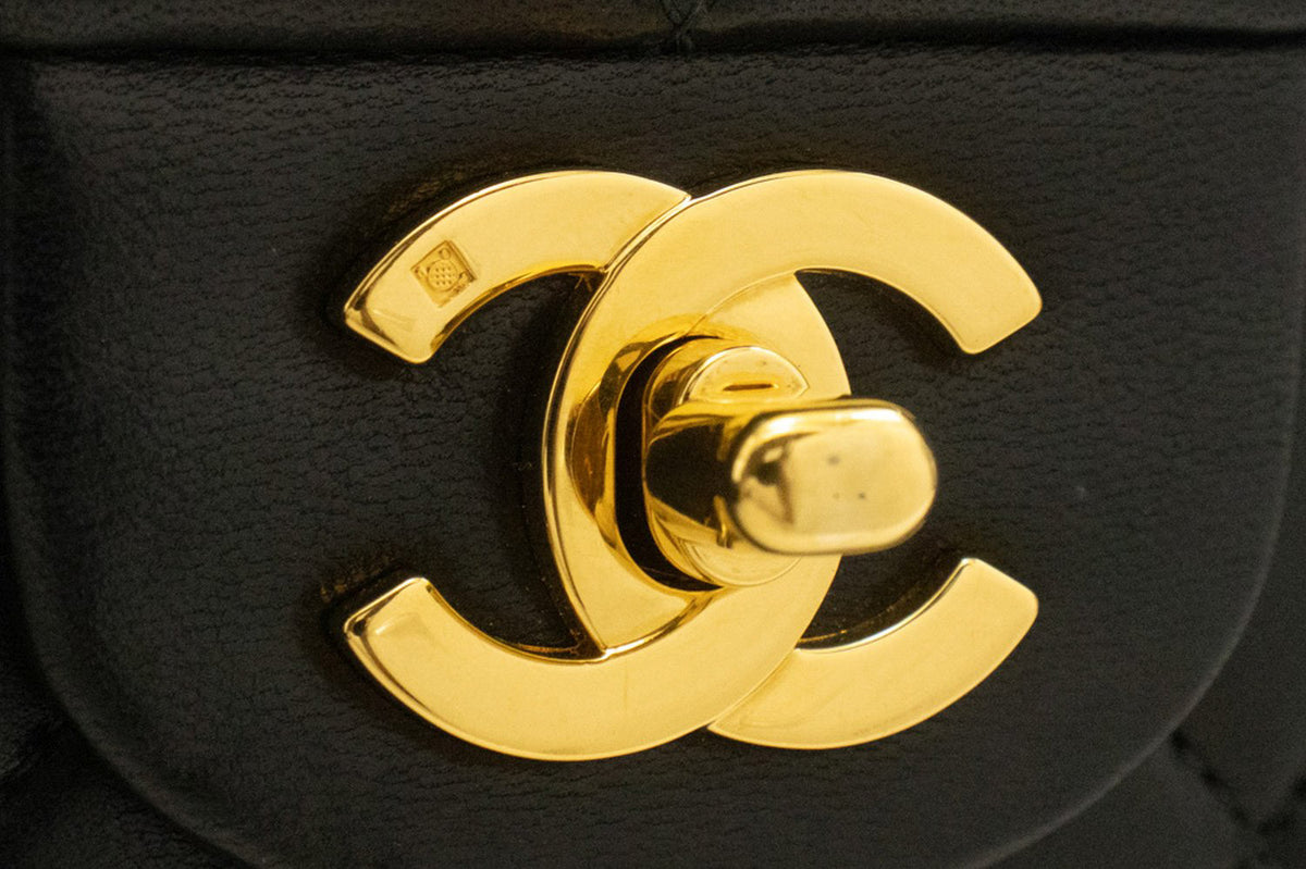CHANEL Classic Double Flap 10" Chain Shoulder Bag Black Lambskin an1 hannari-shop
