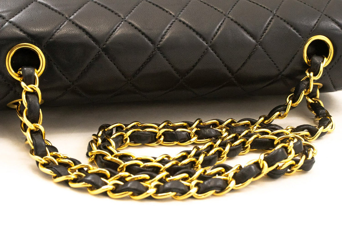 CHANEL Classic Double Flap 10" Chain Shoulder Bag Black Lambskin an1 hannari-shop