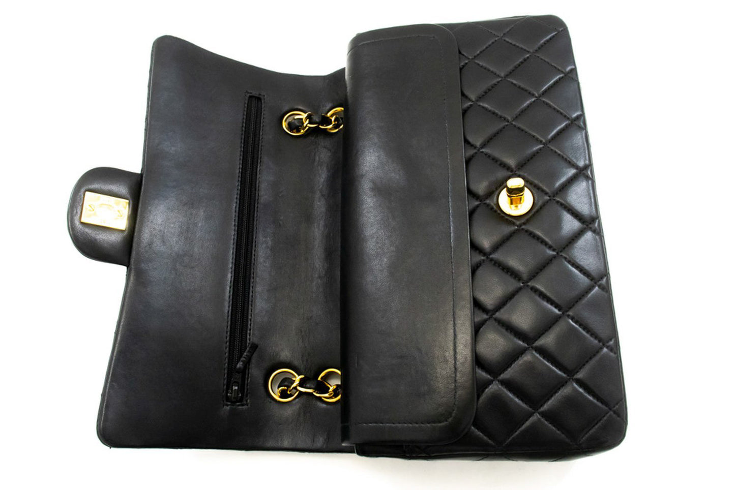 CHANEL Classic Double Flap 10" Chain Shoulder Bag Black Lambskin an1 hannari-shop