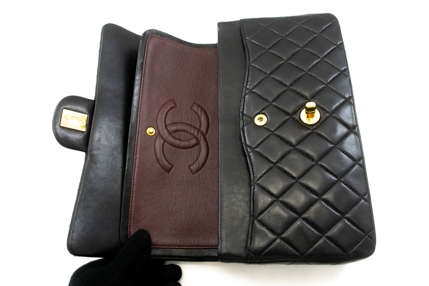 CHANEL Classic Double Flap 10" Chain Shoulder Bag Black Lambskin an1 hannari-shop