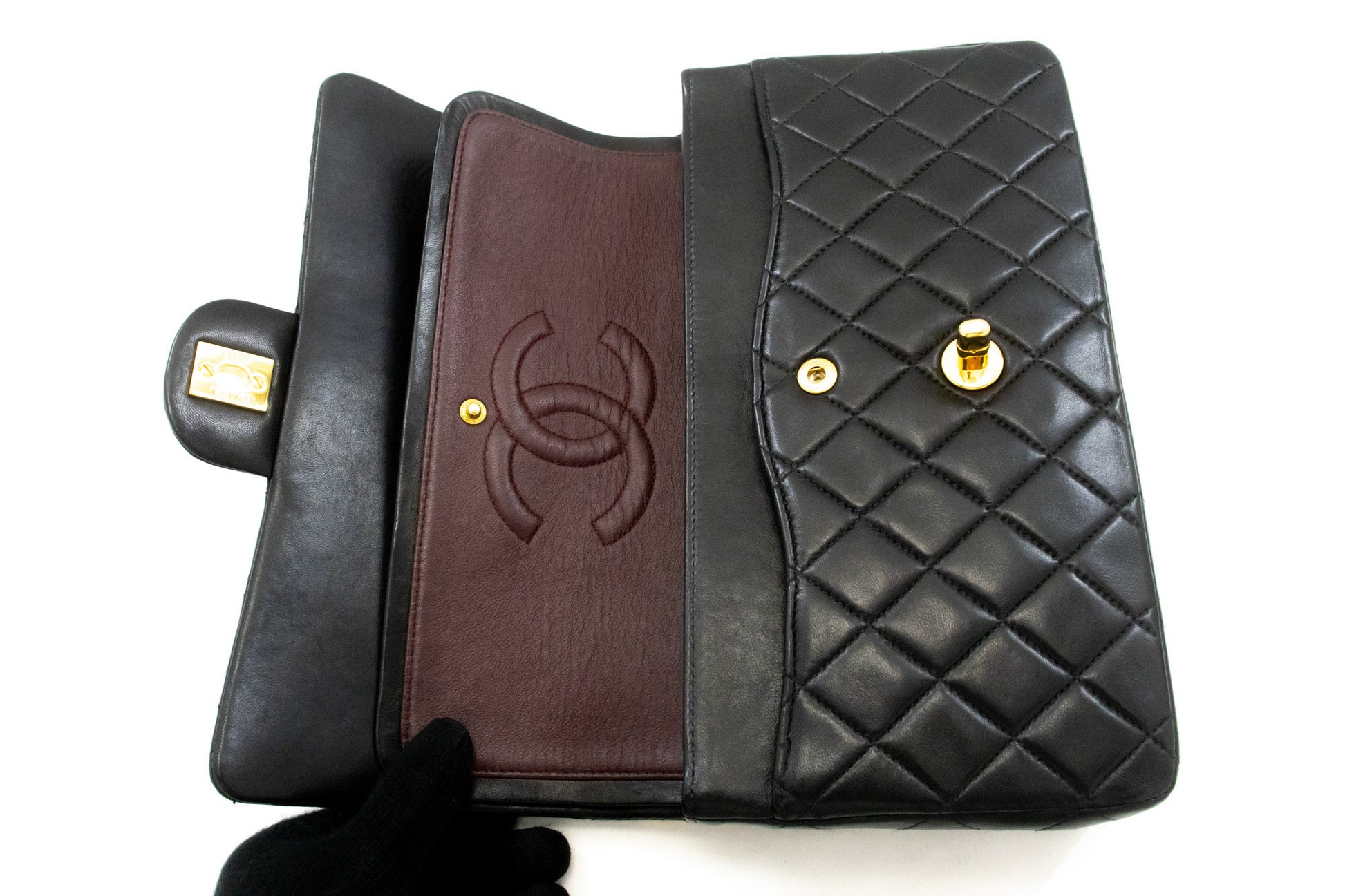 CHANEL Classic Double Flap 10" Chain Shoulder Bag Black Lambskin an1 hannari-shop