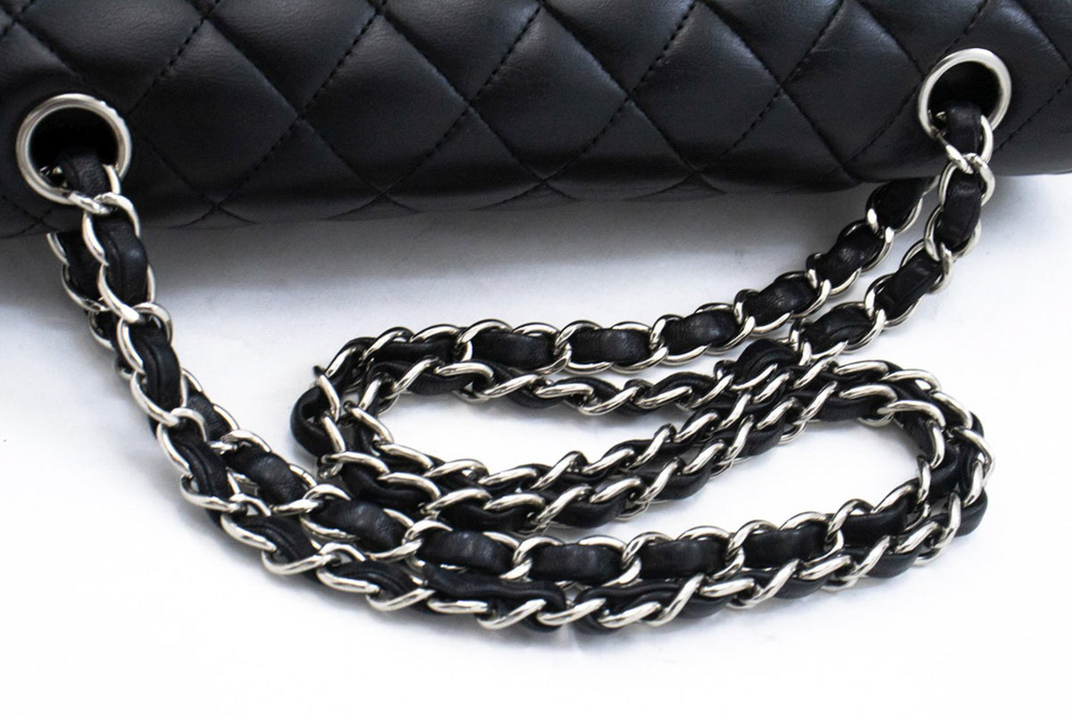 CHANEL Classic Double Flap 10" Chain Shoulder Bag Black Lambskin am5 hannari-shop