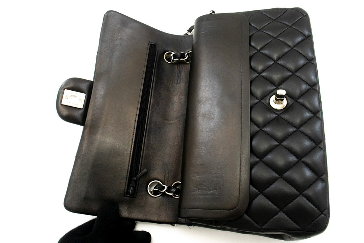 CHANEL Classic Double Flap 10" Chain Shoulder Bag Black Lambskin am5 hannari-shop