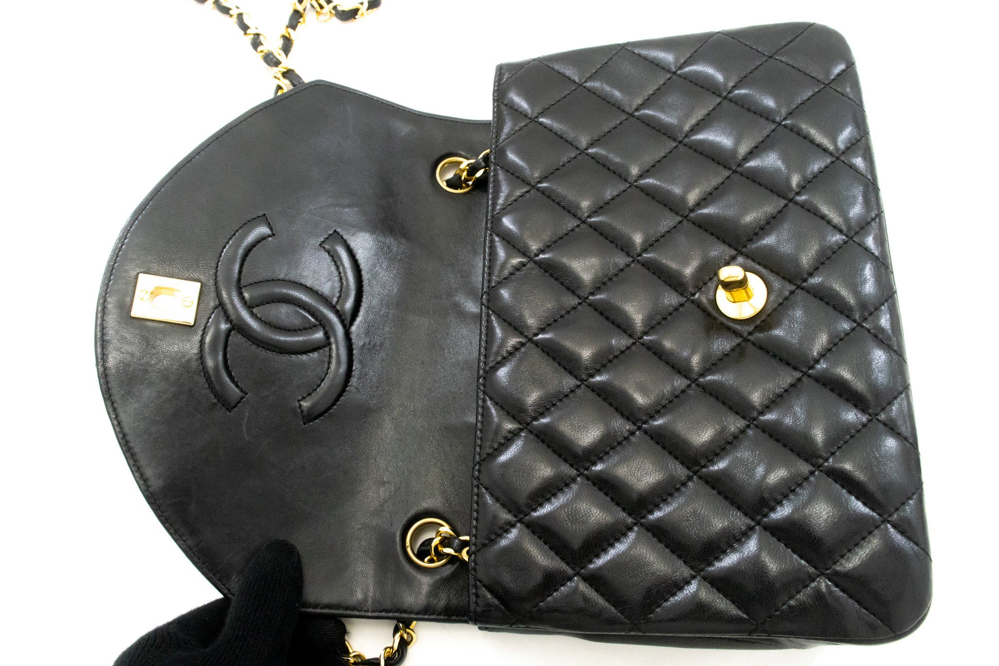 CHANEL Half Moon Chain Shoulder Bag Crossbody Black Quilted Flap am7 hannari-shop