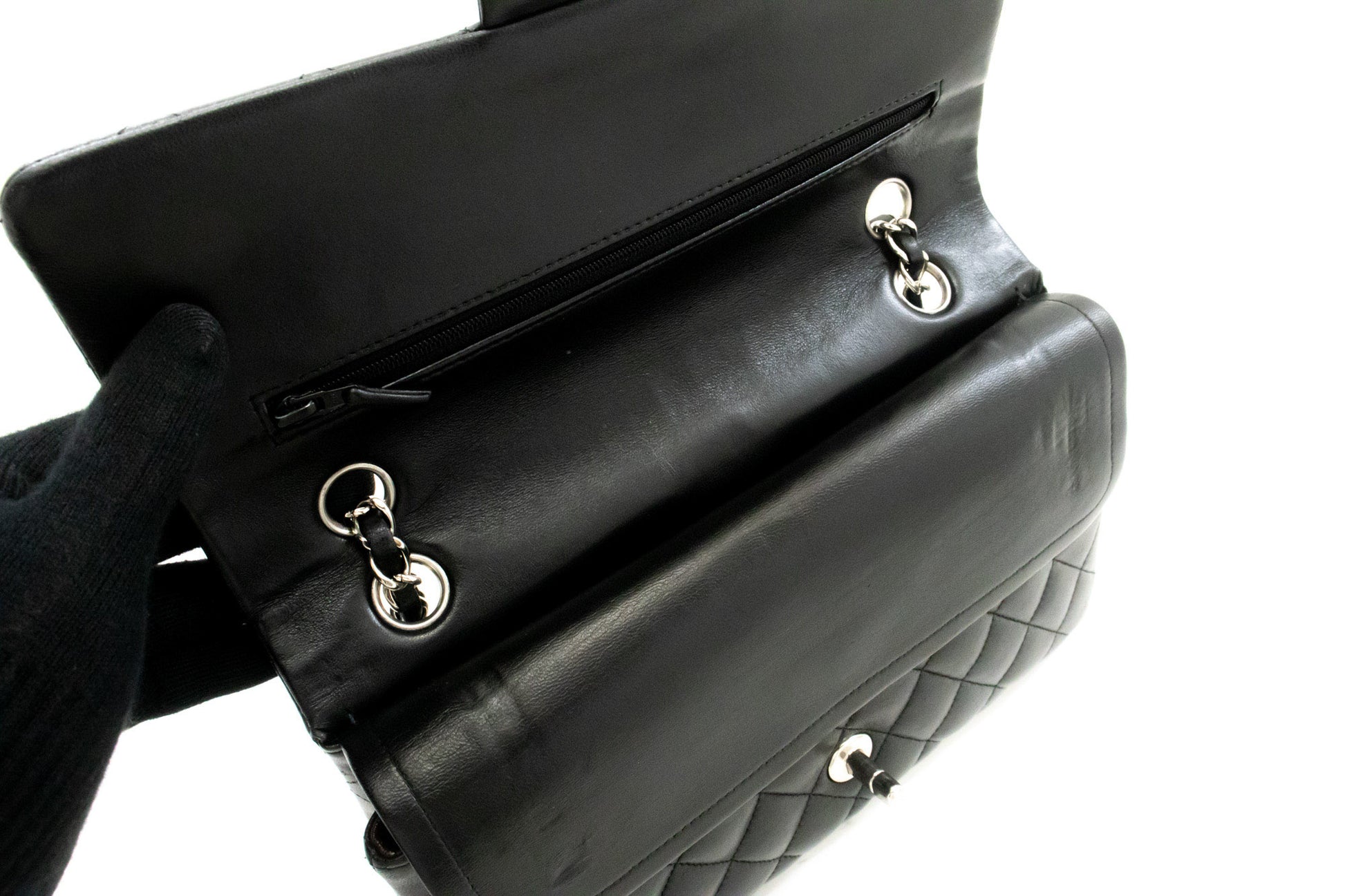 CHANEL Classic Double Flap 10" Chain Shoulder Bag Black Lambskin am6 hannari-shop