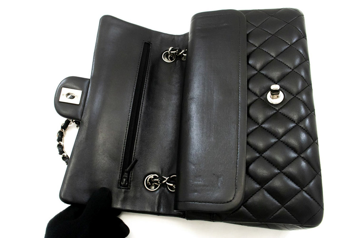 CHANEL Classic Double Flap 10" Chain Shoulder Bag Black Lambskin am6 hannari-shop