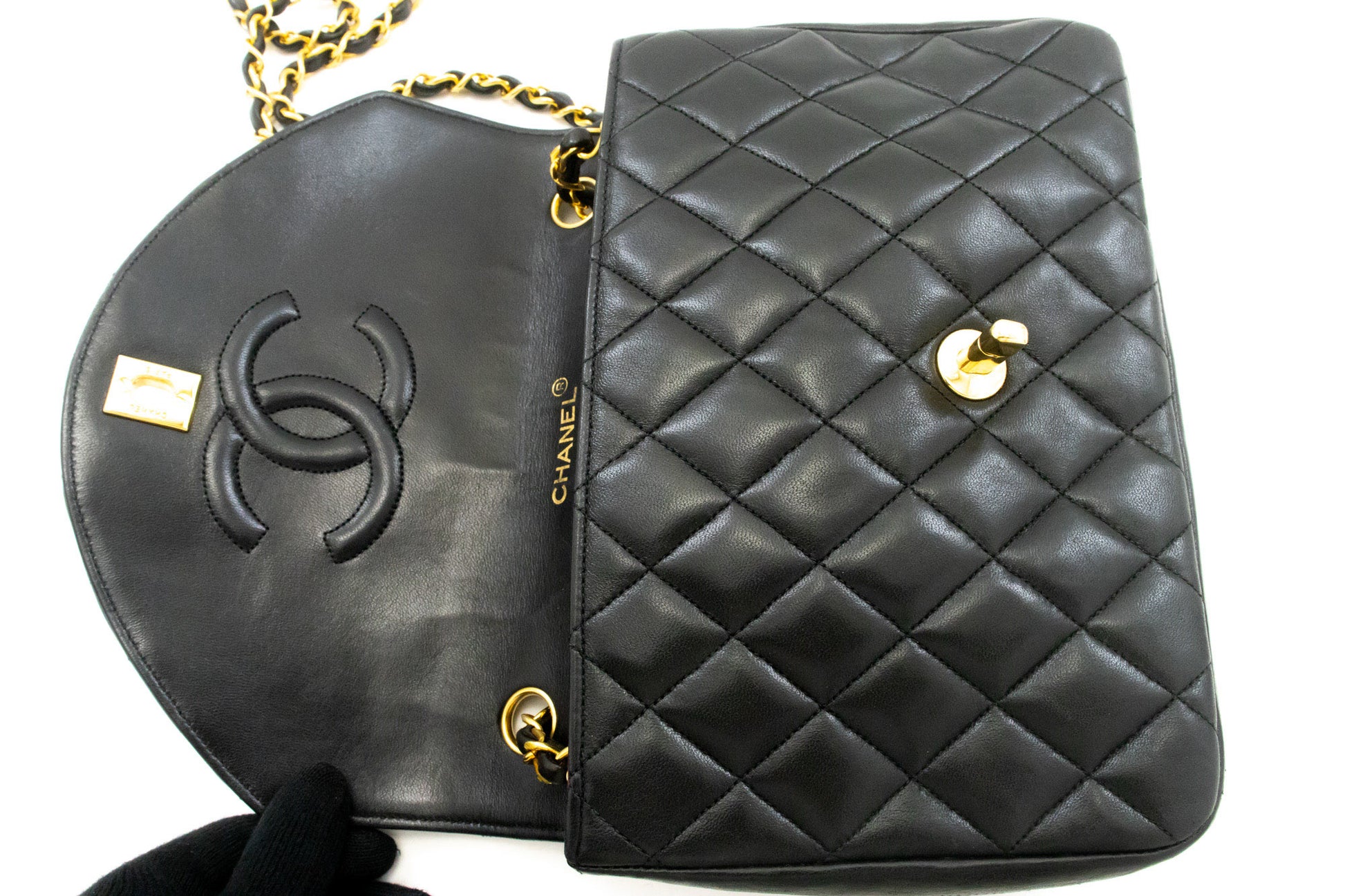 CHANEL Half Moon Chain Shoulder Bag Crossbody Black Quilted Flap an3 hannari-shop