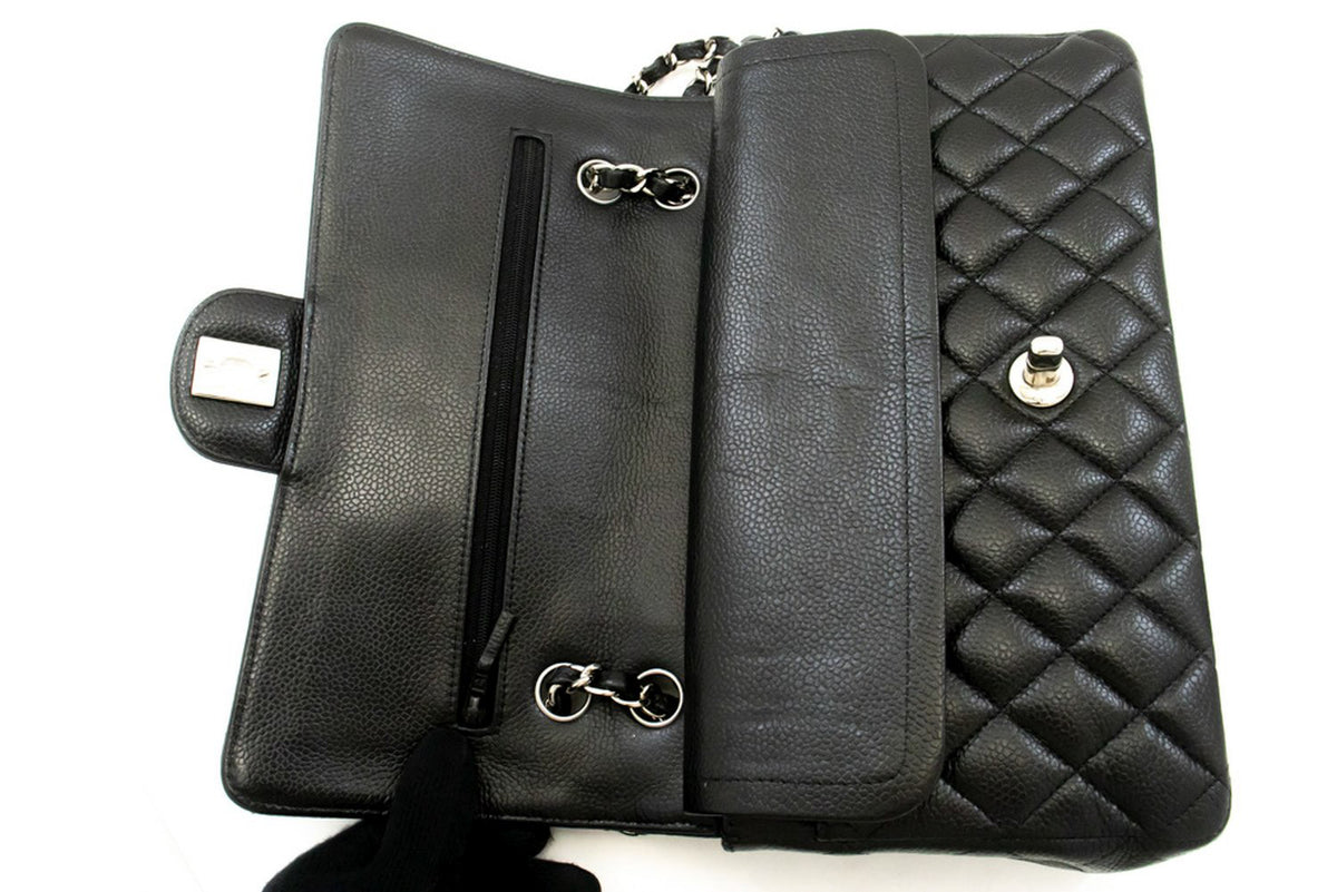CHANEL Grained Calfskin Double Flap 10" Chain Shoulder Bag Black ao1 hannari-shop