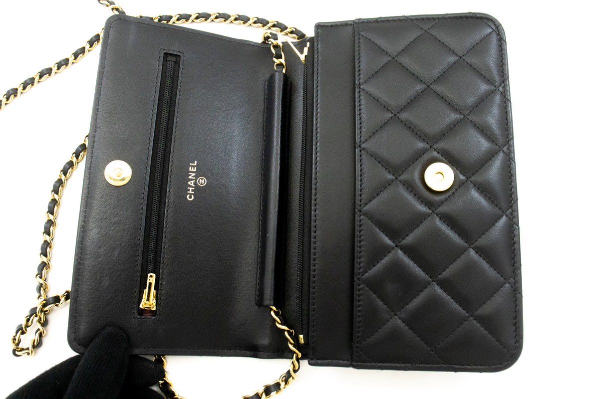 CHANEL Black Classic Wallet On Chain WOC Shoulder Bag Gold Clutch an9 hannari-shop