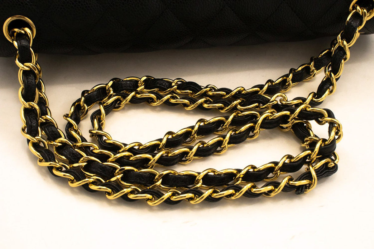 CHANEL 11" Chain Shoulder Bag Double Flap Black Grained Calfskin an5 hannari-shop
