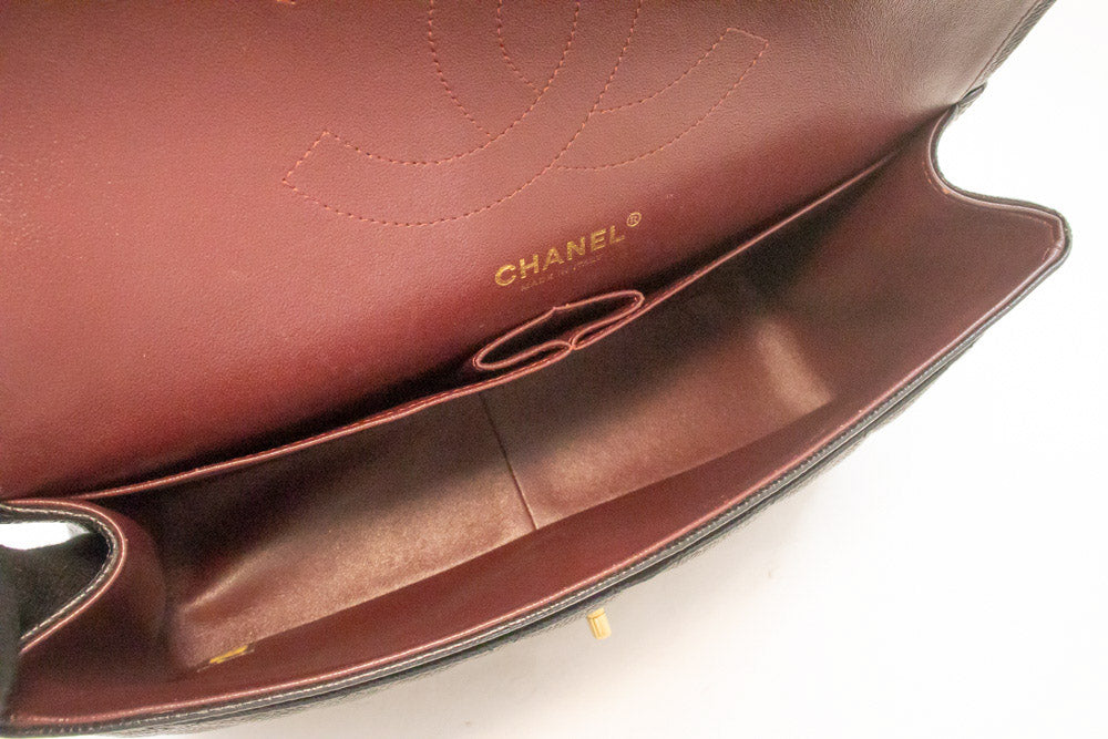 CHANEL 11" Chain Shoulder Bag Double Flap Black Grained Calfskin an5 hannari-shop