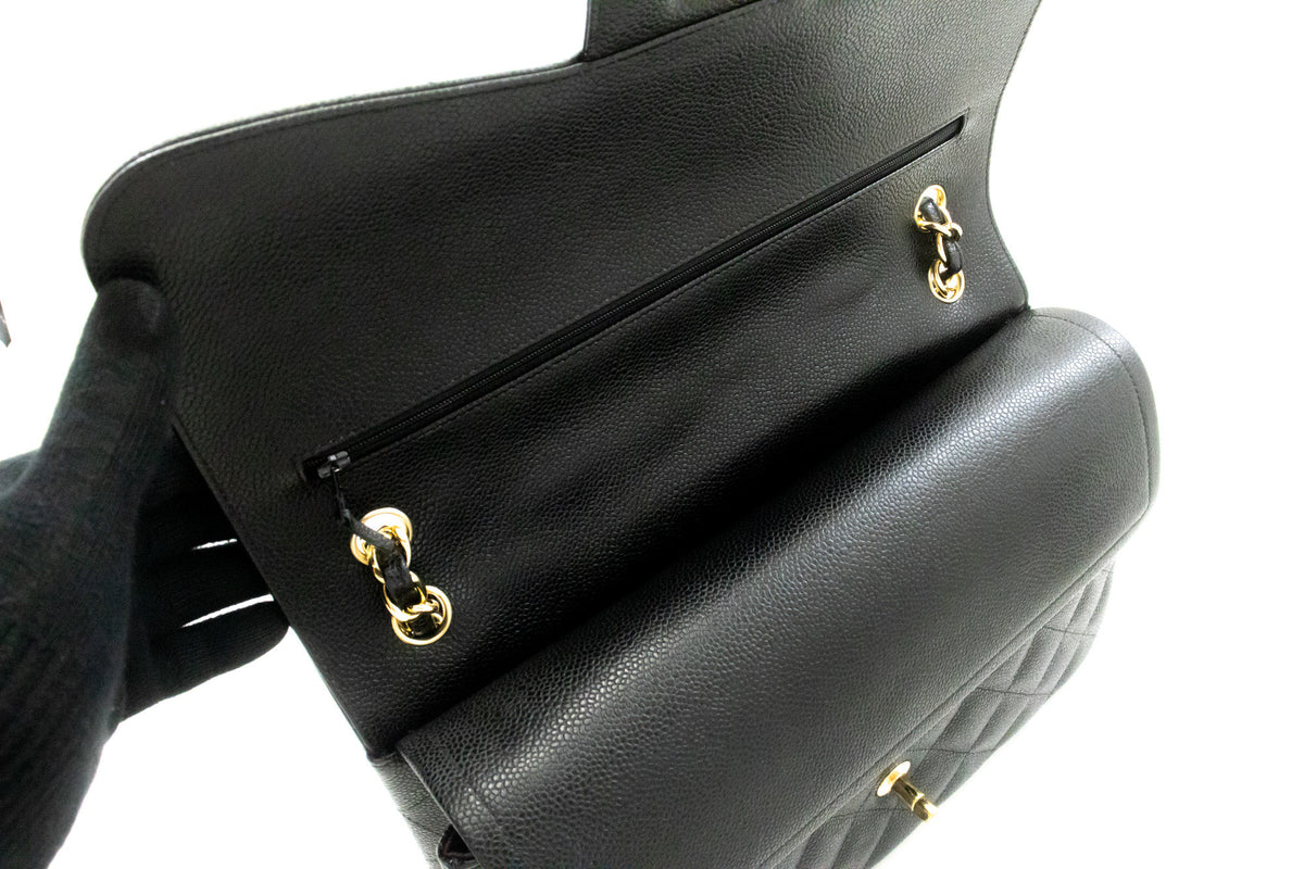 CHANEL 11" Chain Shoulder Bag Double Flap Black Grained Calfskin an5 hannari-shop