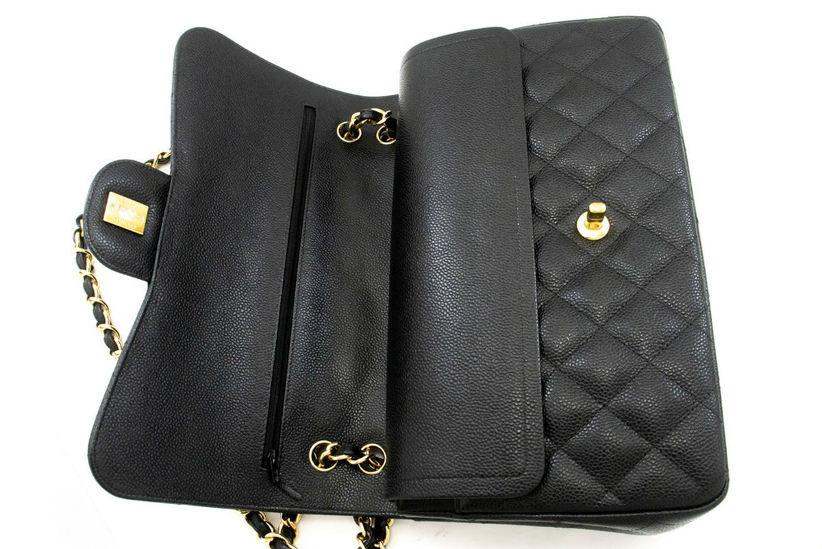 CHANEL 11" Chain Shoulder Bag Double Flap Black Grained Calfskin an5 hannari-shop