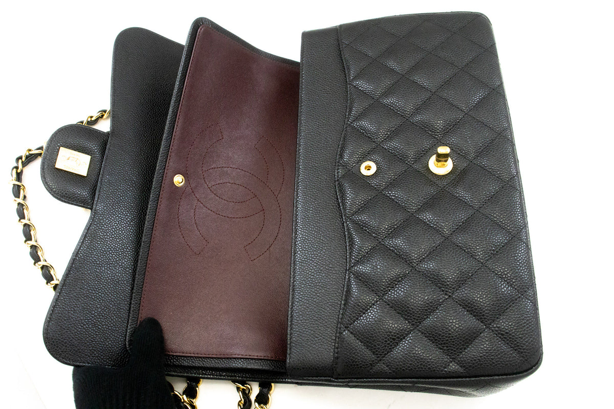 CHANEL 11" Chain Shoulder Bag Double Flap Black Grained Calfskin an5 hannari-shop