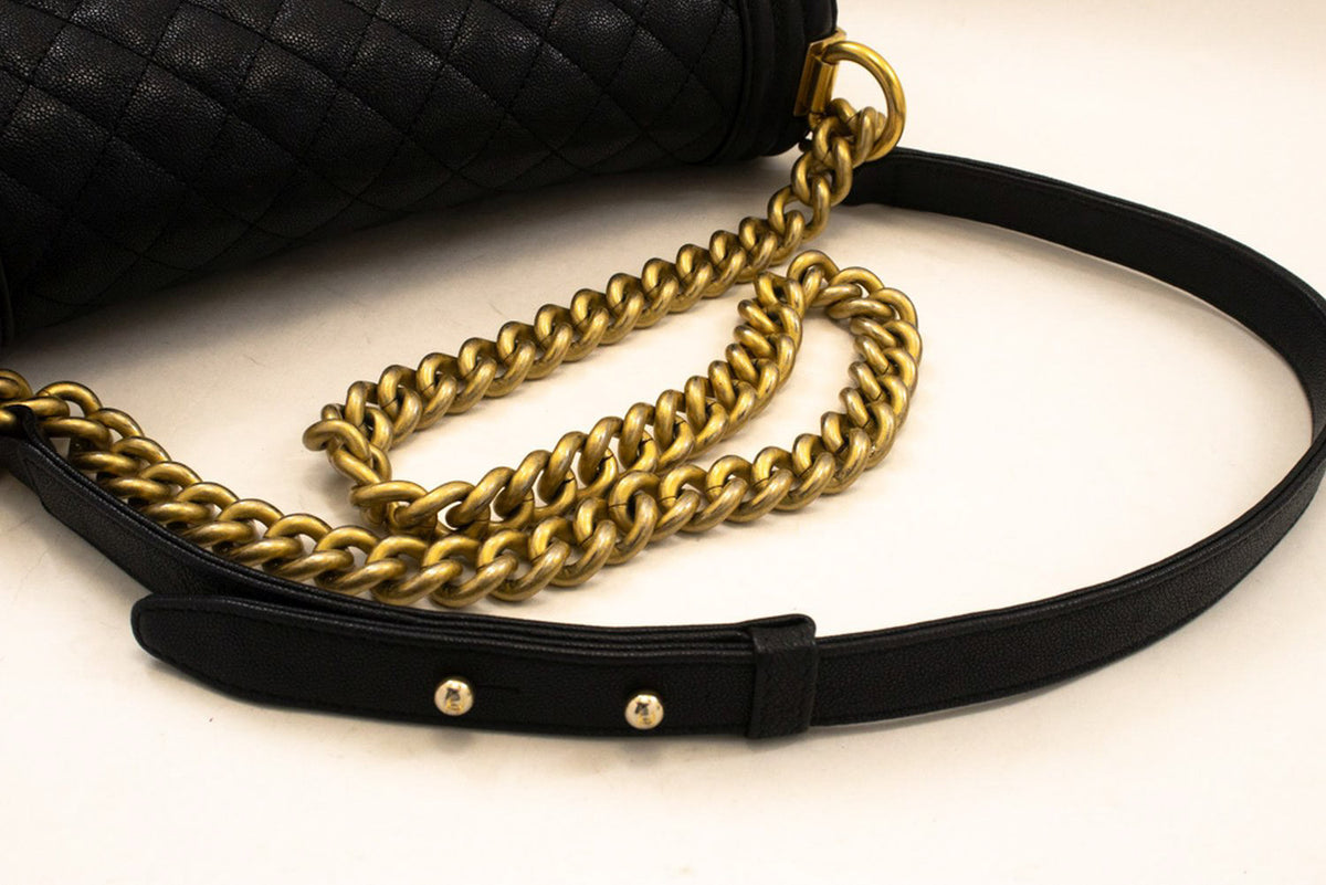 CHANEL Boy Grained Calfskin Chain Shoulder Bag Black Quilted Gold an7 hannari-shop