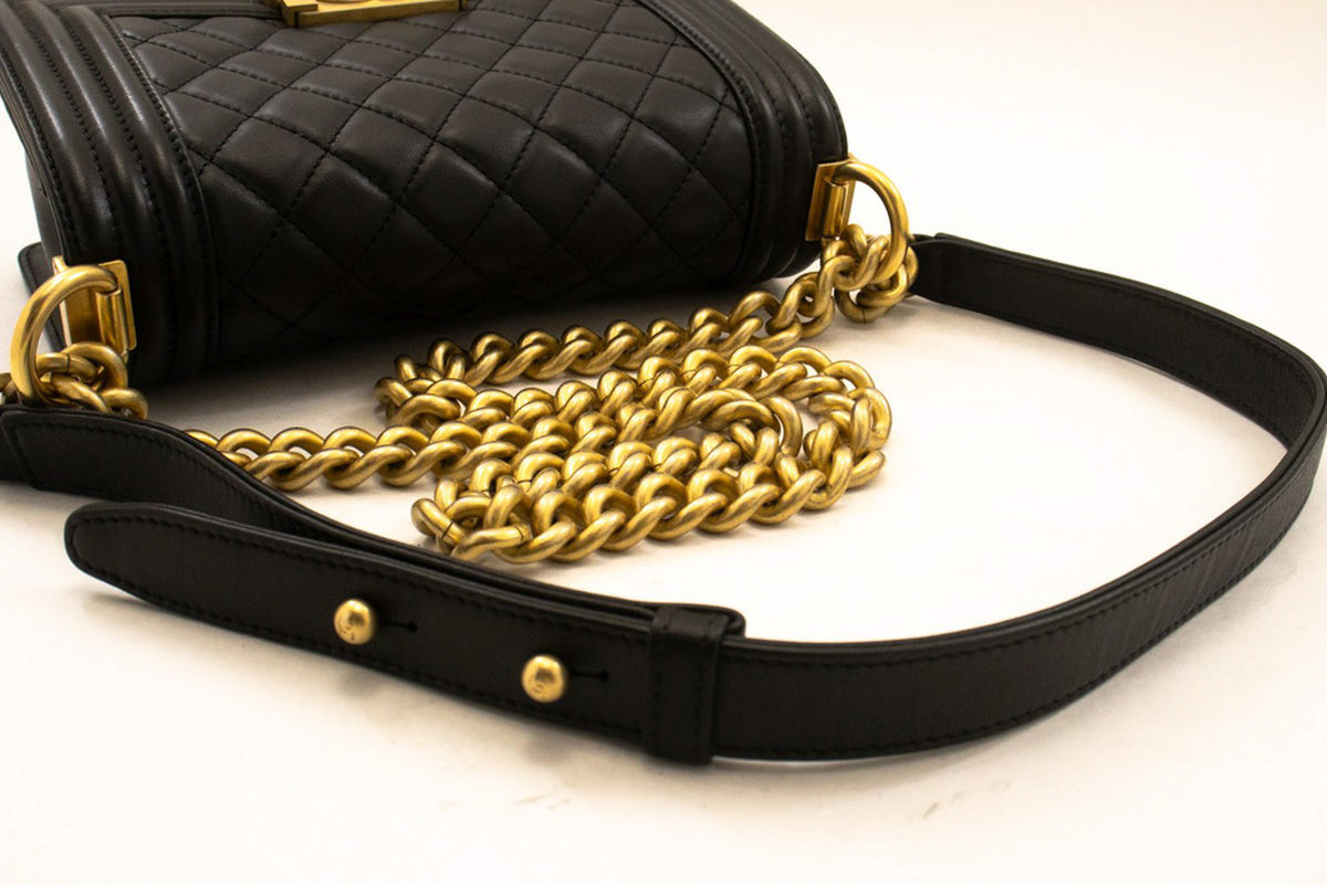 CHANEL Boy Chain Shoulder Bag Black Quilted Flap Lambskin Gold an6 hannari-shop