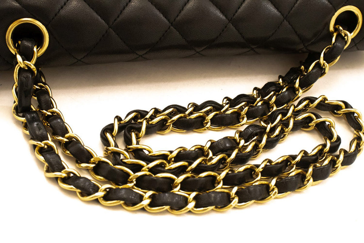 CHANEL Classic Double Flap 10" Chain Shoulder Bag Black Lambskin aq1 — rabat ouvert hannari-shop