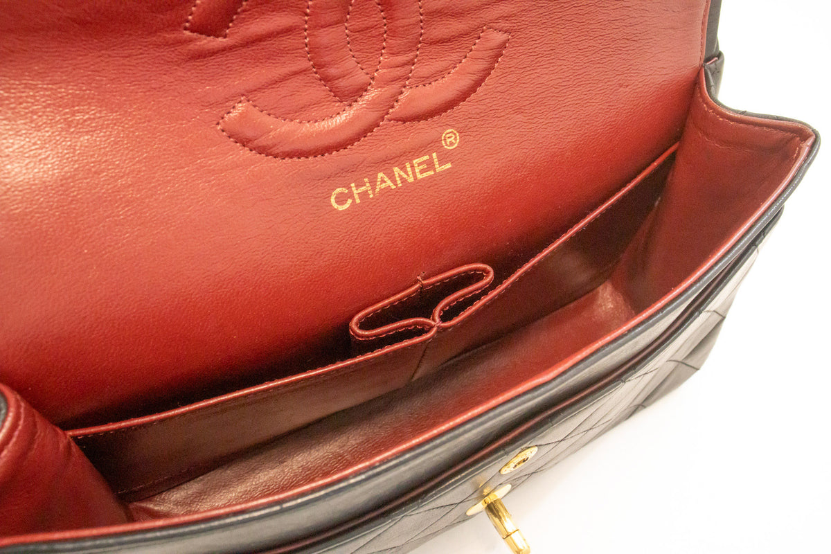 CHANEL Classic Double Flap 10" Chain Shoulder Bag Black Lambskin ao6 hannari-shop