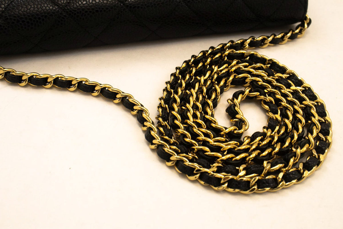 CHANEL جلد العجل المحبب Wallet On Chain WOC حقيبة كتف سوداء ap1 — الغطاء مفتوح hannari-shop