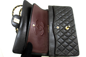 CHANEL Classic Double Flap 10" Chain Shoulder Bag Black Lambskin p97 hannari-shop