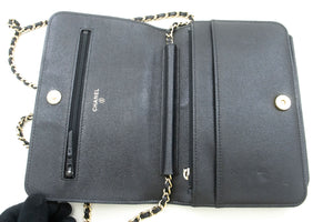 CHANEL Boy Black Grained Calfskin Wallet On Chain WOC Flap Bag p66 hannari-shop