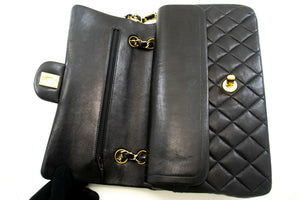 CHANEL Classic Double Flap 10" Chain Shoulder Bag Black Lambskin p62 hannari-shop