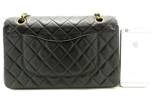 CHANEL Classic Double Flap 10" Chain Shoulder Bag Black Lambskin f91 hannari-shop